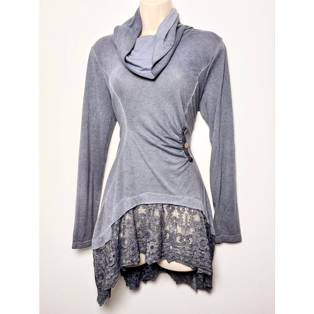Grey Cowlneck Sweater Floral Lace Trim Hem Fairy Grunge Long Sleeve